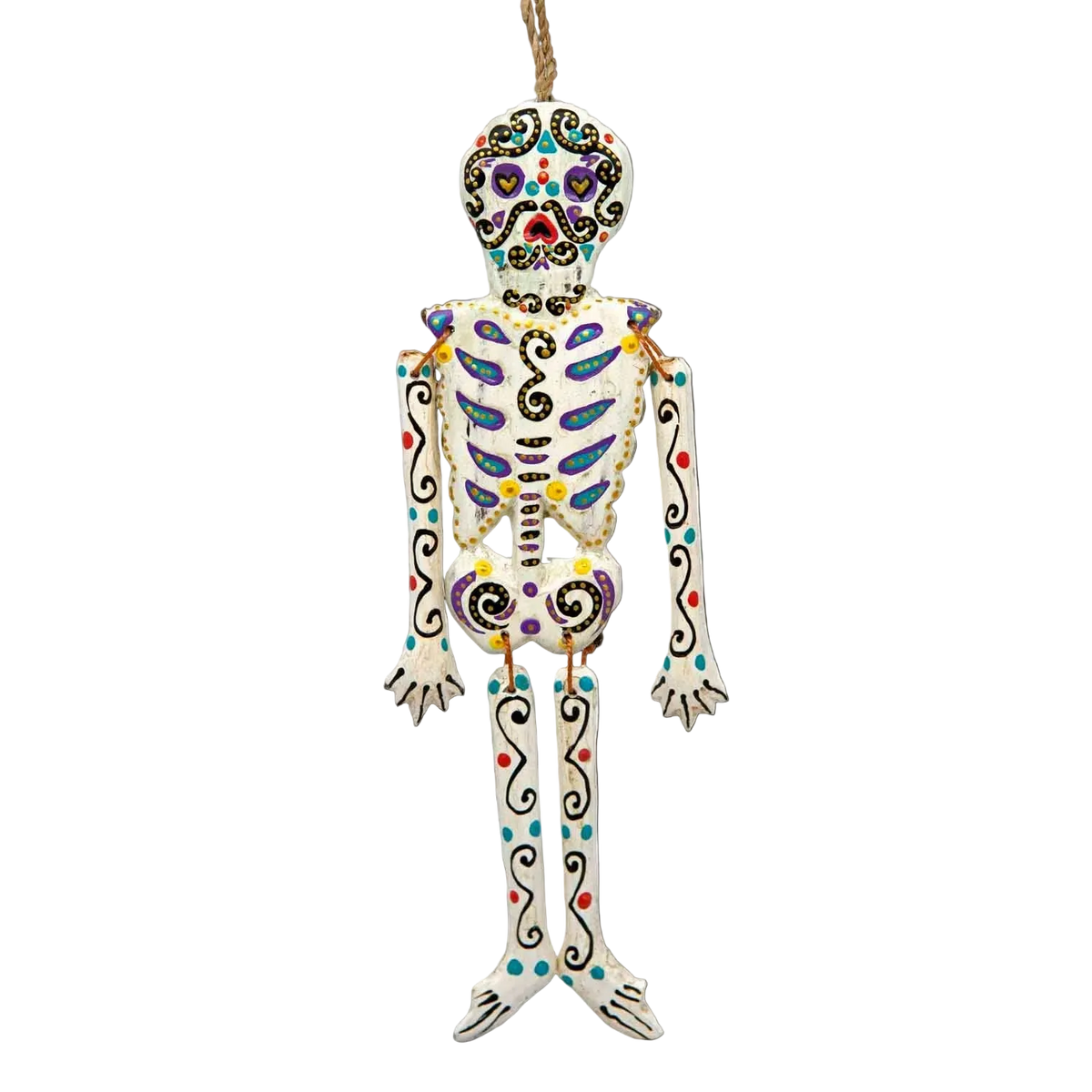 Small wooden candy skull skeleton ornament with twine-jointed limbs