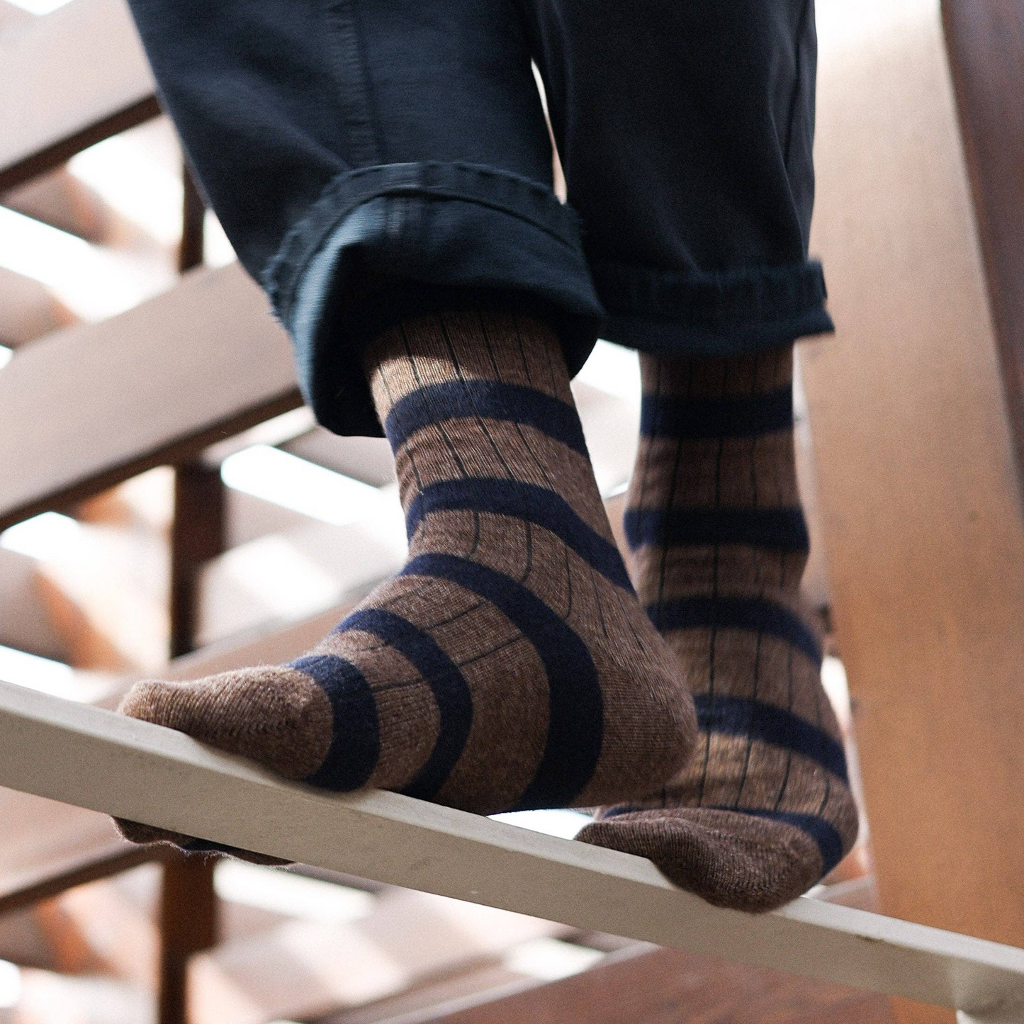 Merino Wool Striped Socks - Brown & Black