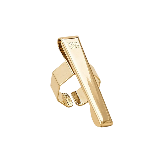 Gold-plated octagonal pen clip with the date on the side.