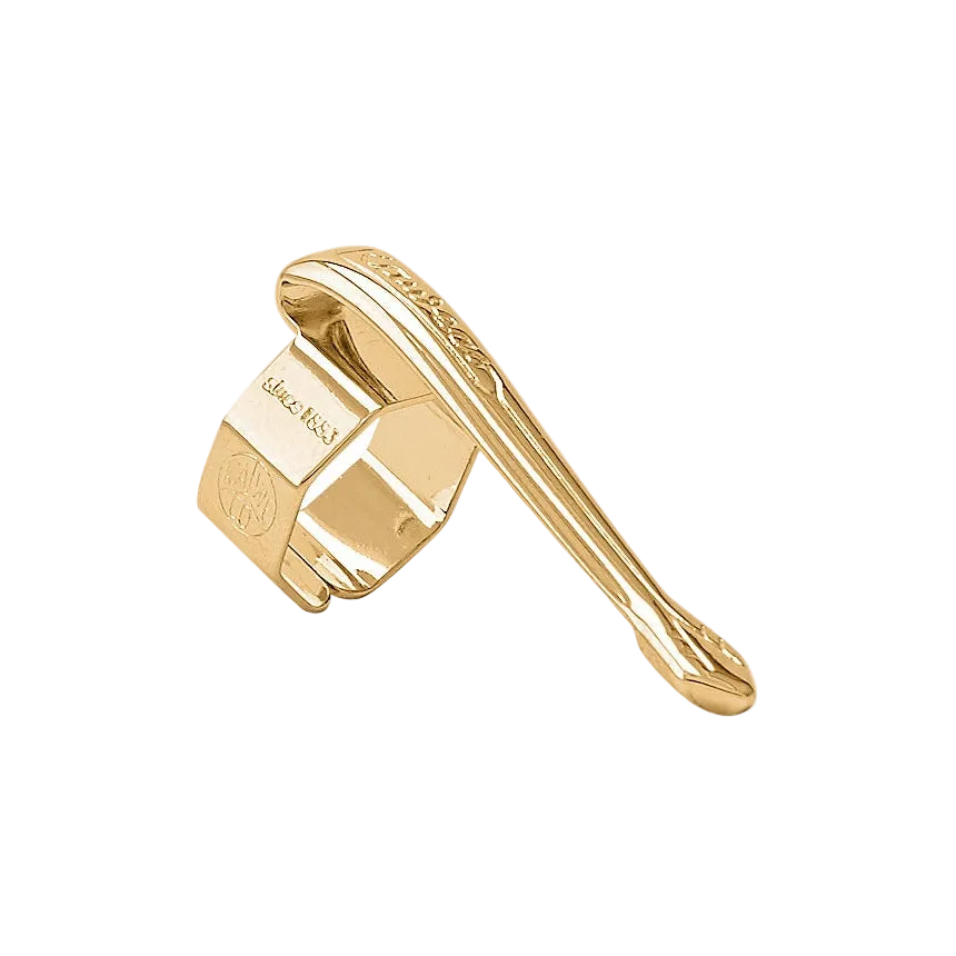 A gold-colored metal pen clip with a curved design, featuring the Kaweco brand logo.