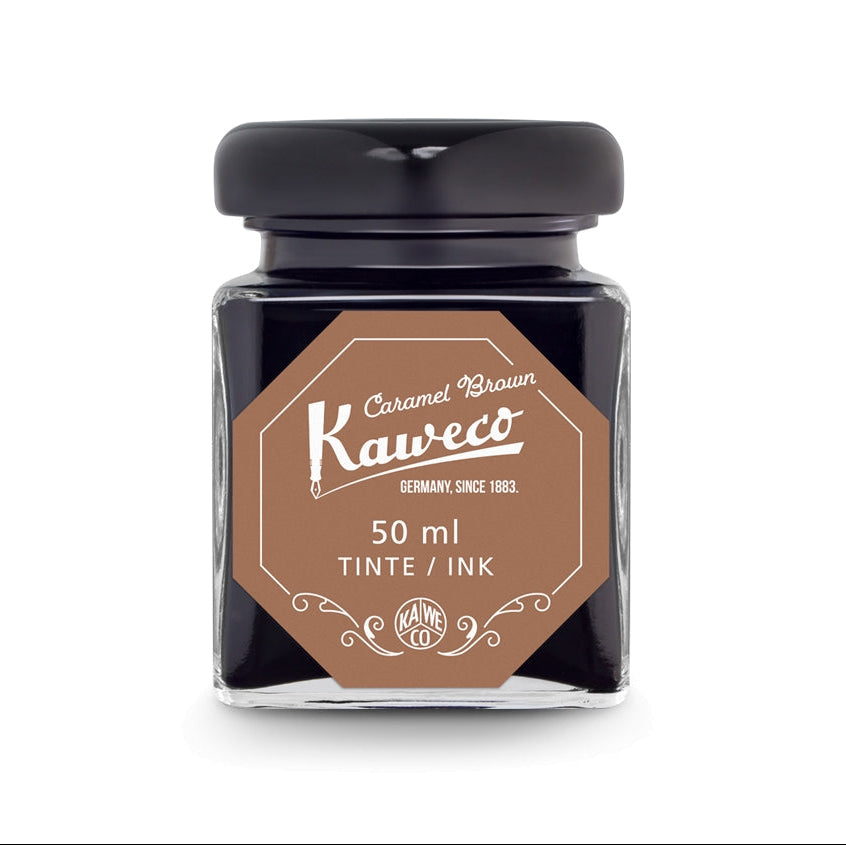 A 50ml ink glass by Kaweco, labeled 'Caramel Brown' designed for use with fountain pens.