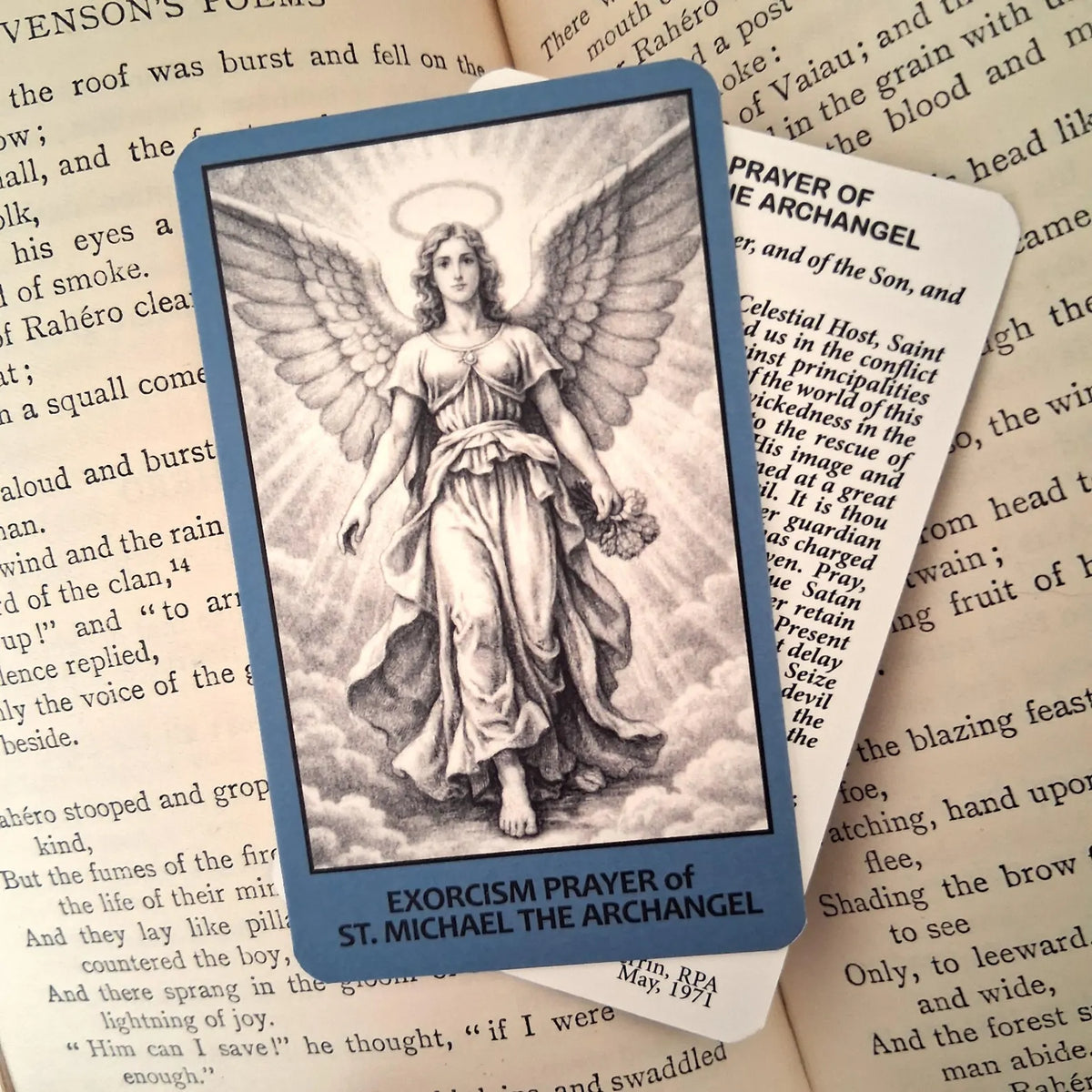 The Exorcist prayer card bookmark with an illustration of St Michael the Archangel