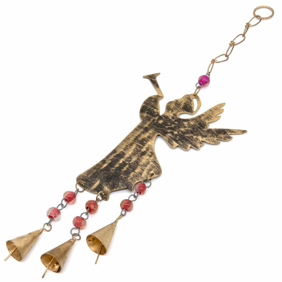 Aged iron angel with beaded strands, handmade in India