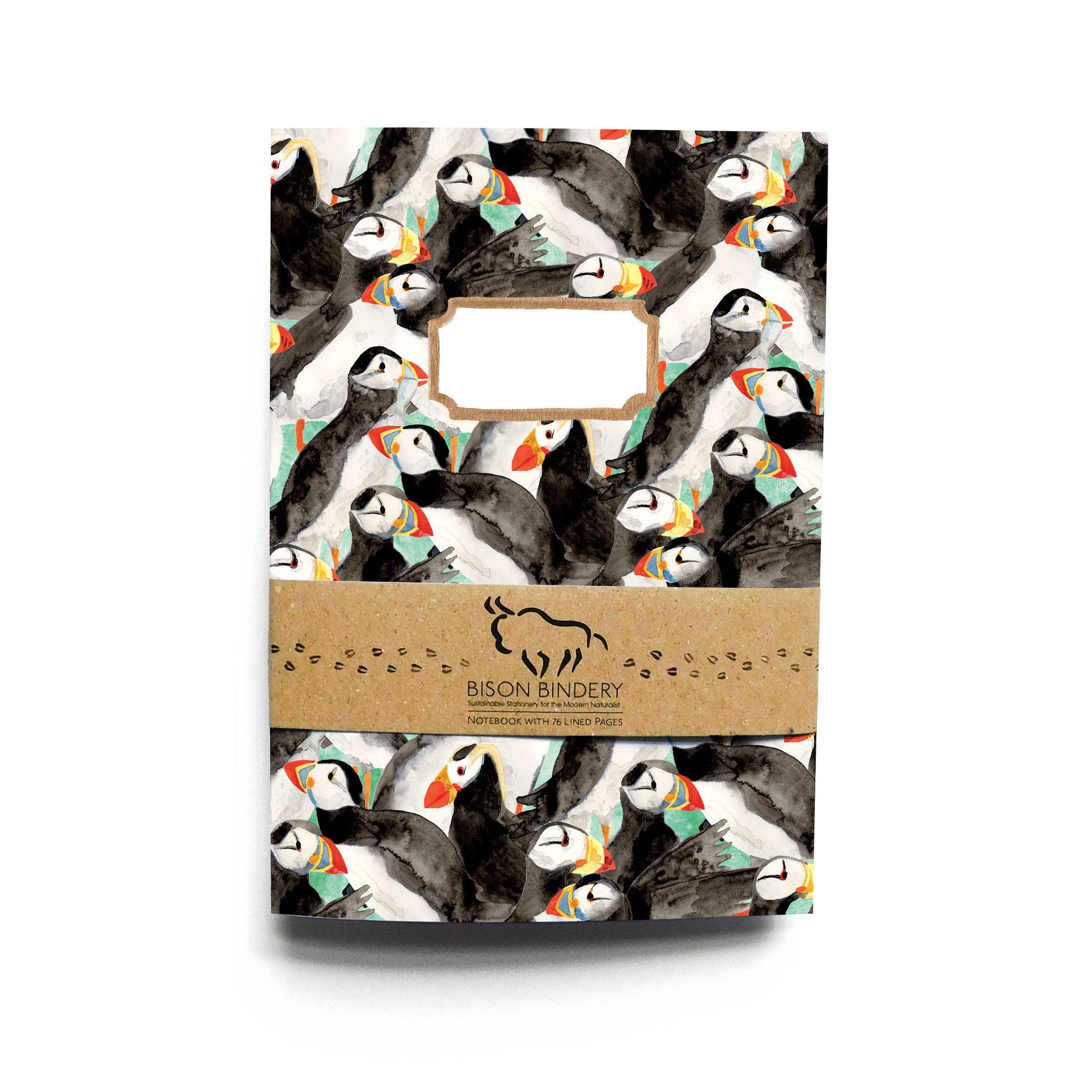 Customisable notebook with puffin design and Bison Bindery branding on a white background