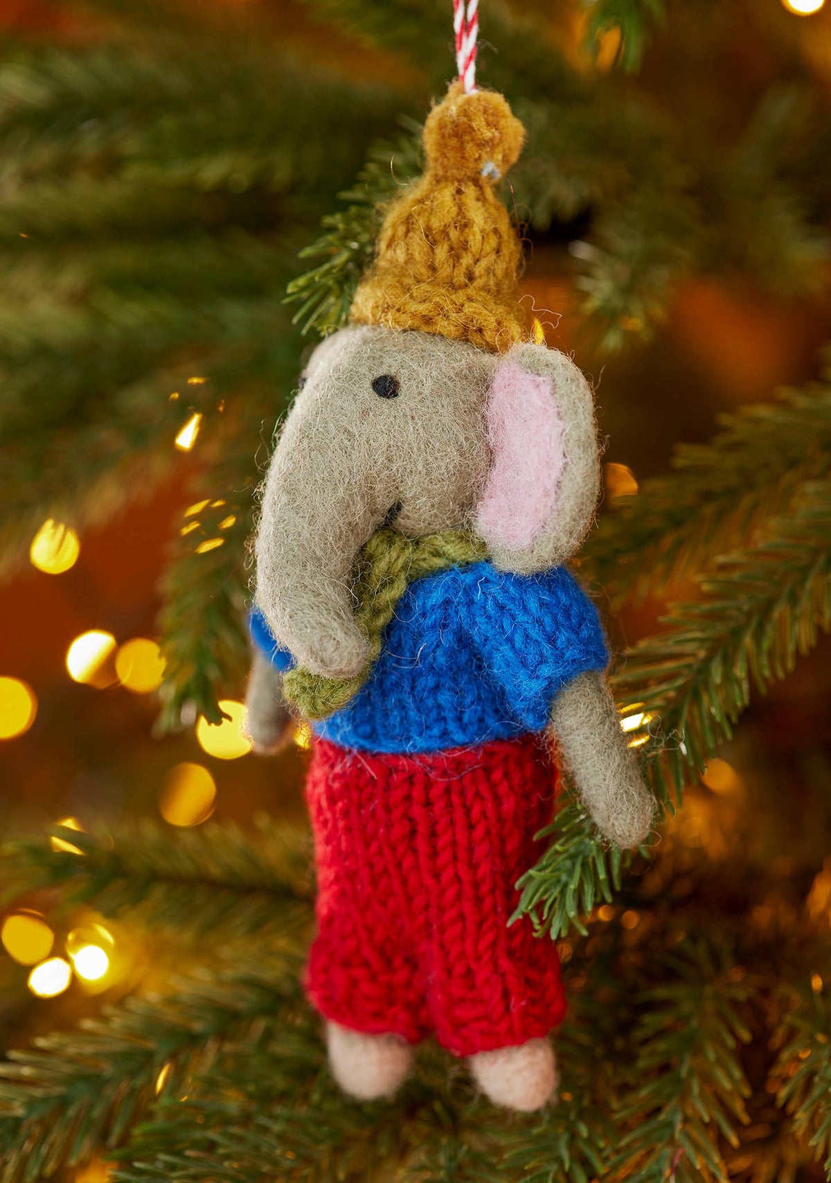 Felt Papa Elephant Christmas decoration with pink ears, handmade in Nepal