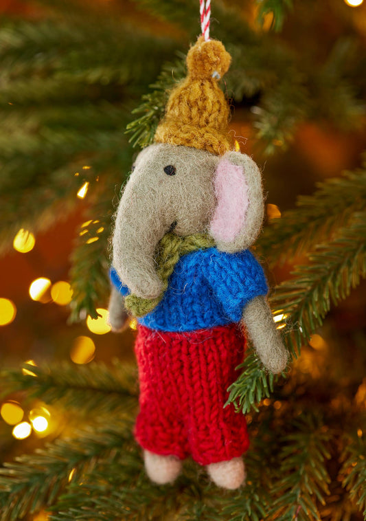 Felt Papa Elephant Christmas decoration with pink ears, handmade in Nepal
