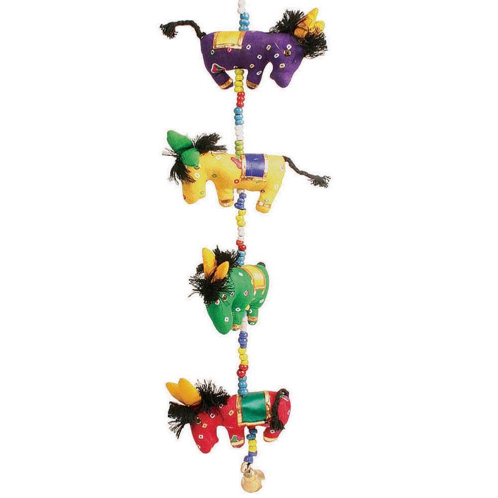 Close-up of five donkeys on fabric hanging mobile, showing stitched details, beads, and bright colours