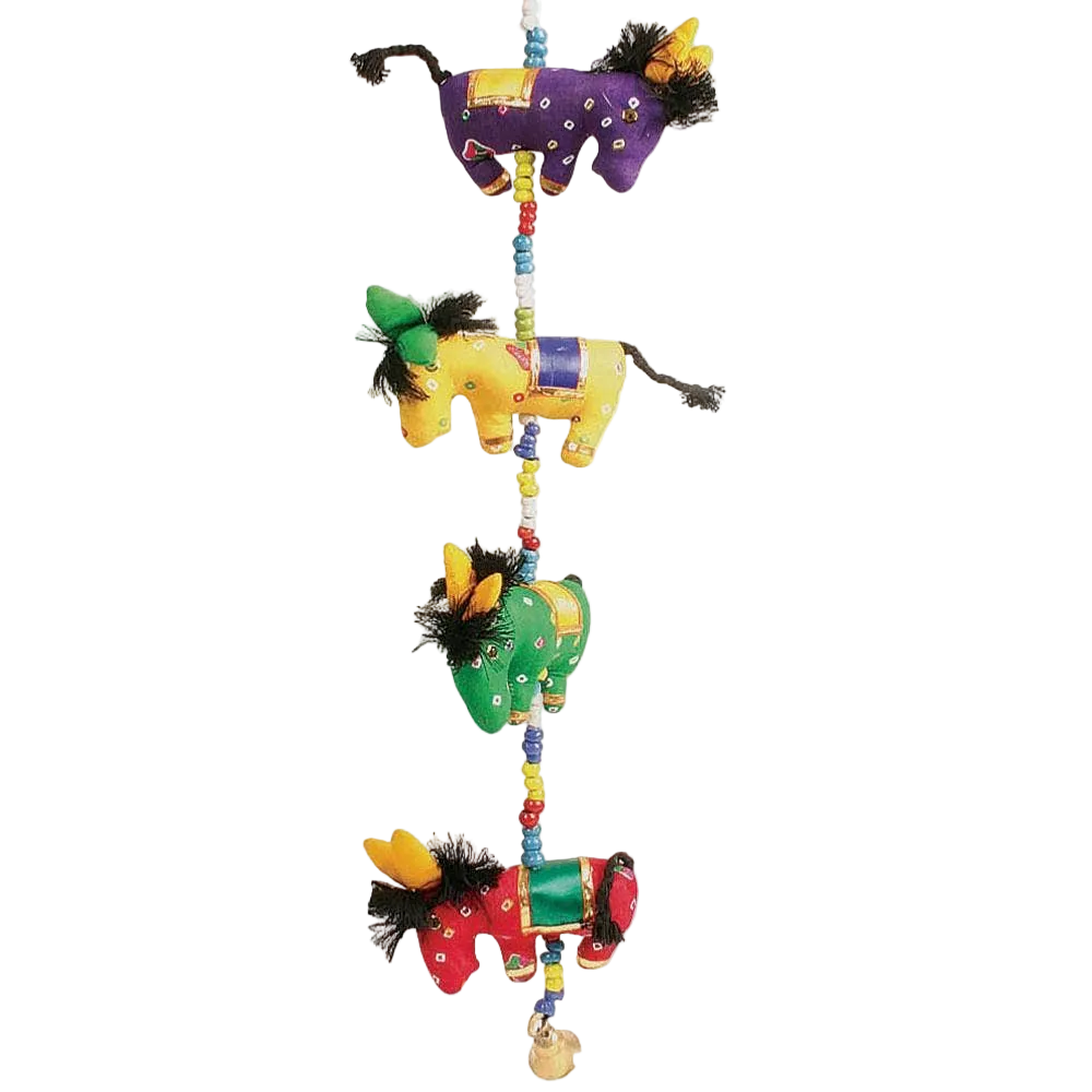 Colorful hanging toy with four horse-shaped figures on a white background