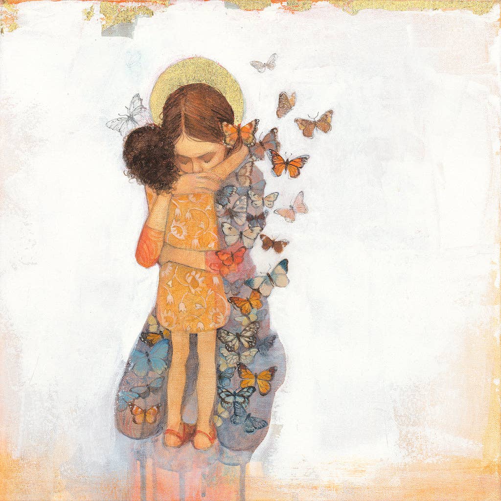 Golden Embrace greetings card by Scottish artist Lucy Campbell, printed from an original painting, 15 x 15cm