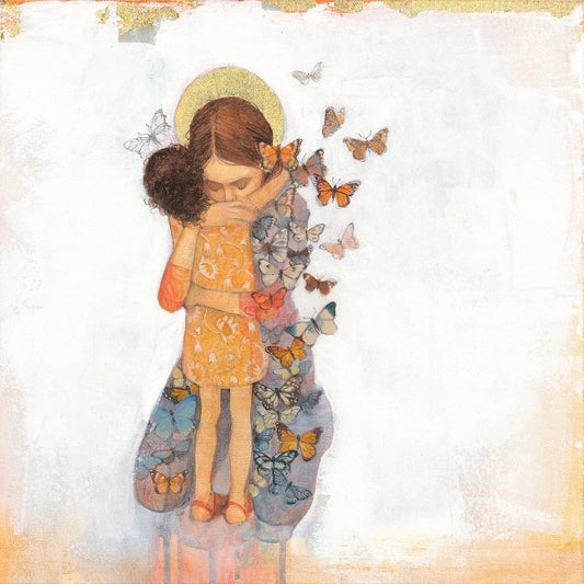 Golden Embrace greetings card by Scottish artist Lucy Campbell, printed from an original painting, 15 x 15cm