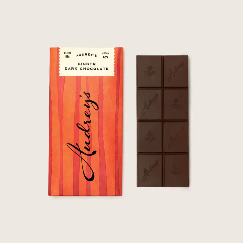 Audrey's Chocolates dark 62% ginger bar, crystallised ginger pieces set into dark chocolate