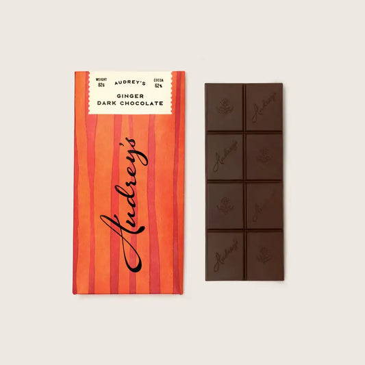 Audrey's Chocolates dark 62% ginger bar, crystallised ginger pieces set into dark chocolate