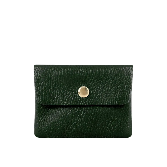 Green leather wallet with a gold button on a white background