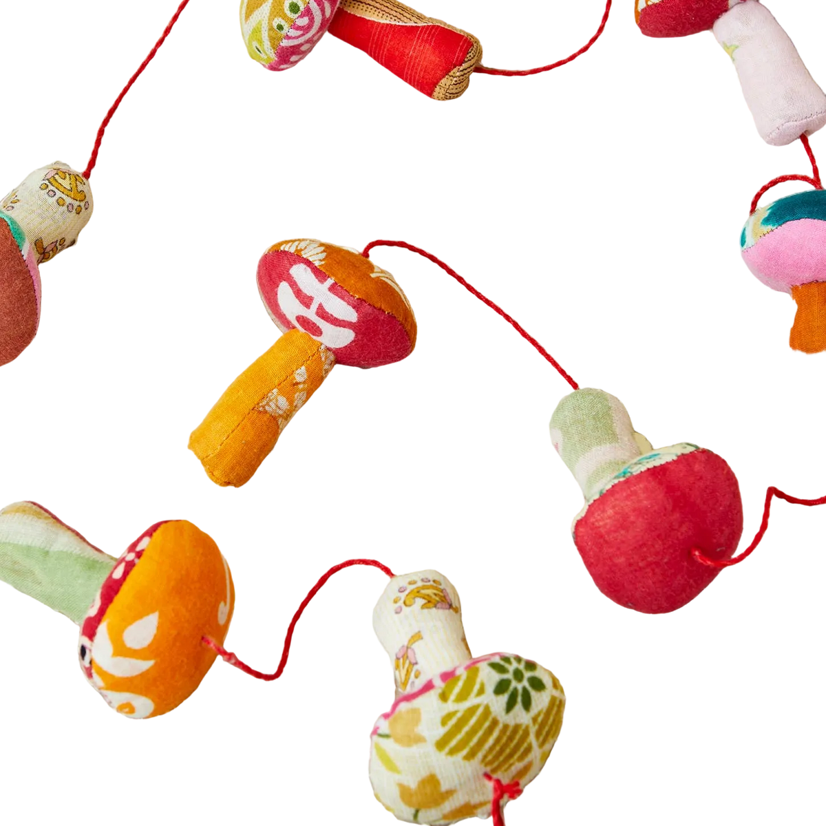 Garland of eight recycled sari fabric mushrooms by Namaste