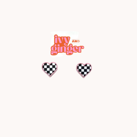 Pink Checkerboard Heart Stud Earrings – Handmade UK Acrylic with Surgical Steel Posts