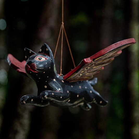 Flying cat hanging decoration painted black and red