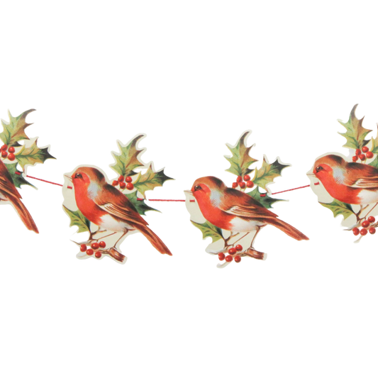 Mamelok robin Christmas garland with holly, embossed paper