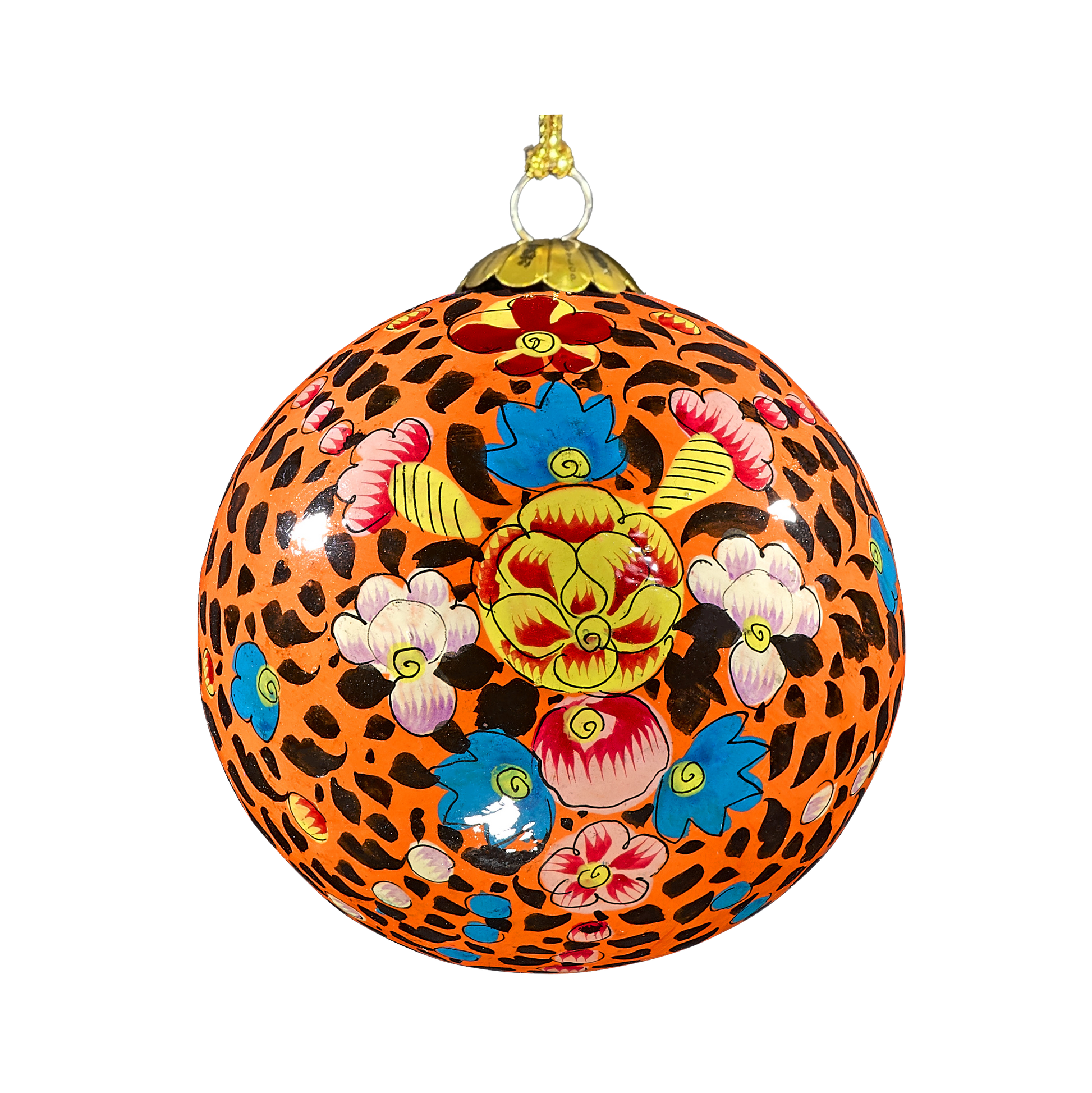 Decorative orange hand painted bauble with floral patterns