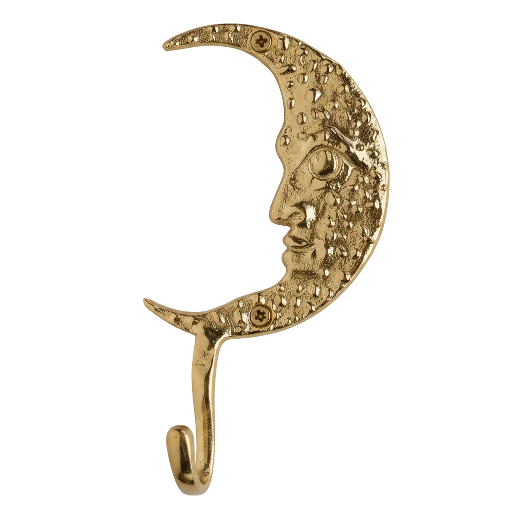 Gold-coloured crescent moon face wall hook in recycled aluminium