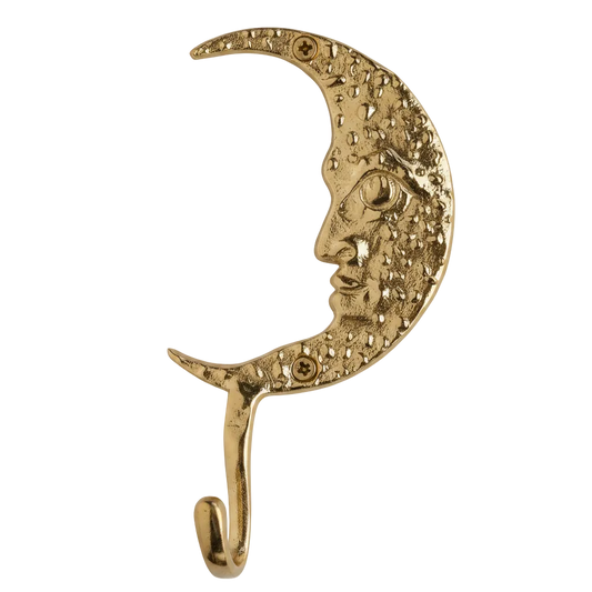 Gold-coloured crescent moon face wall hook in recycled aluminium