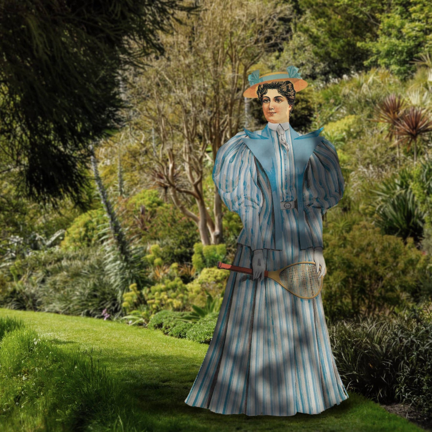 A paper victorian style dress-up doll with a striped blue and white outfit.