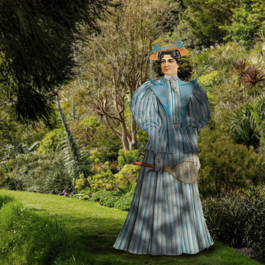 A paper victorian style dress-up doll with a striped blue and white outfit.