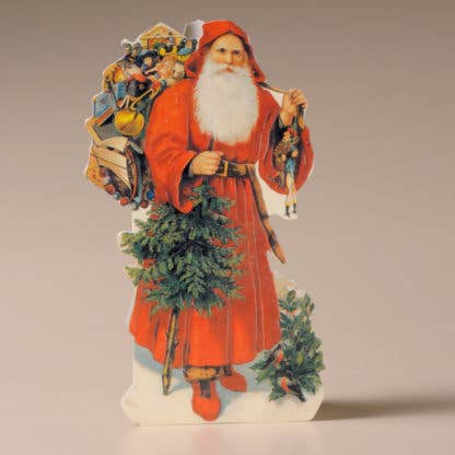 A die-cut and embossed Christmas card featuring a traditional design with Father Christmas, a Christmas tree, and sack of toys.