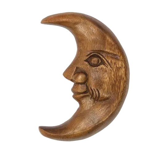 Smiling crescent moon carved from acacia wood, hand carved in northern Thailand