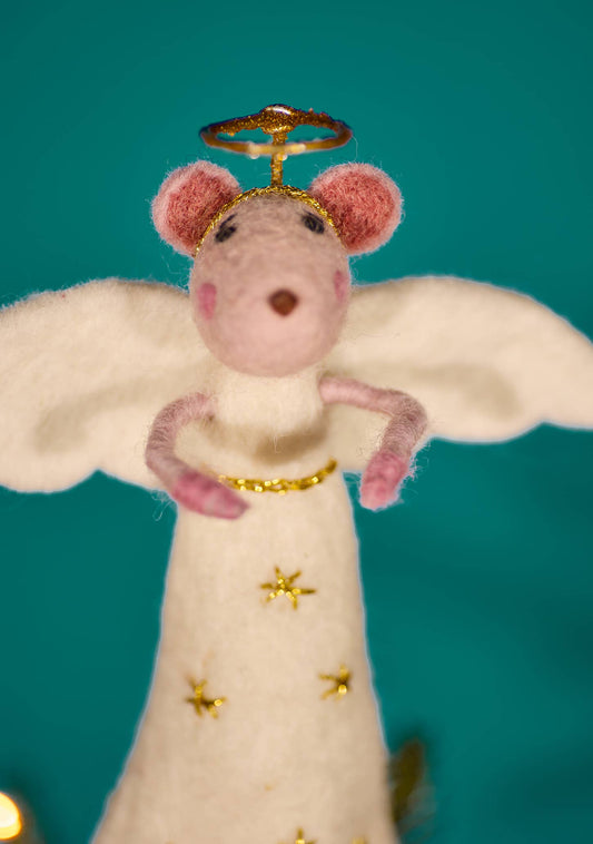 Felt mouse angel tree topper in a gown stitched with gold stars
