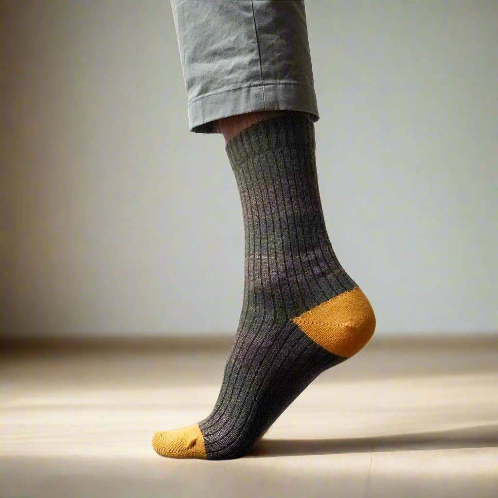 Merino Wool Stripe Socks - Khaki & Yellow