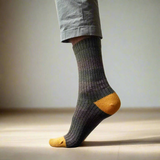 Merino Wool Stripe Socks - Khaki & Yellow