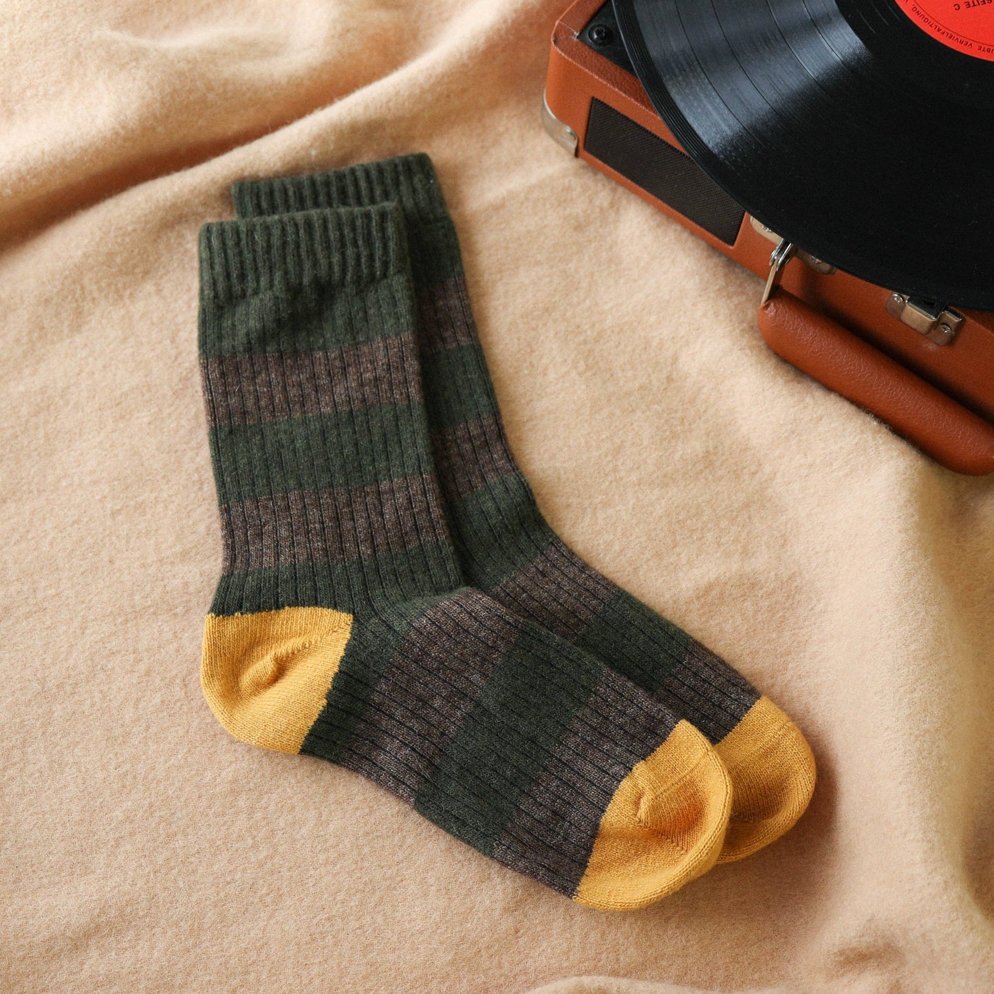 Merino Wool Stripe Socks - Khaki & Yellow