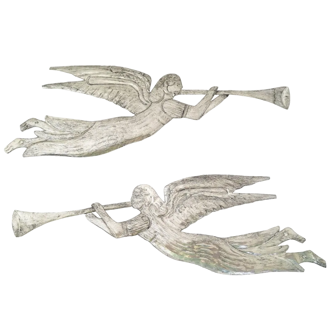 Pair of hand-painted Mexican tin angels with trumpets