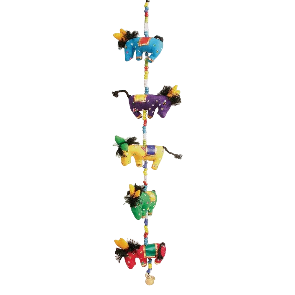 Colorful pet toy with hanging animal figures on a white background
