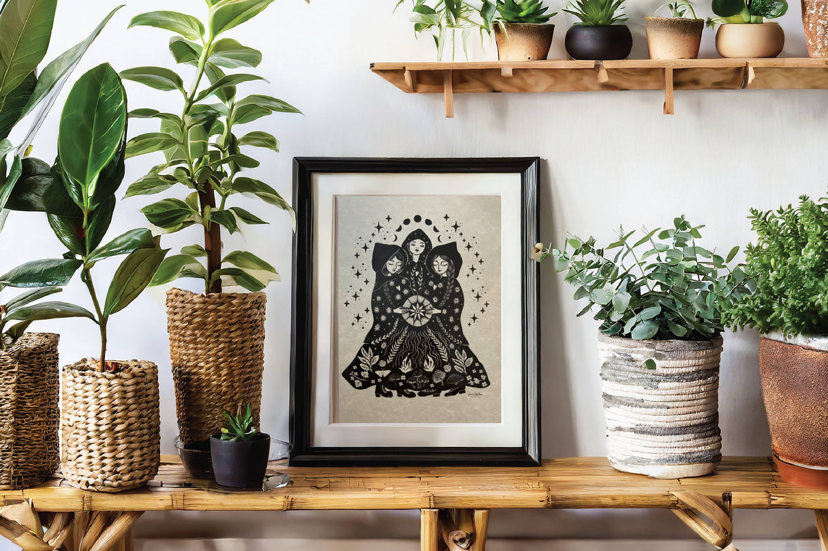 Sisters A4 folk art print on parchment paper, signed and unframed, by Spirit of Lemuria