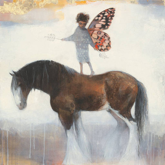 Spread Your Wings greetings card by Lucy Campbell, a small girl with butterfly wings beside a Clydesdale horse
