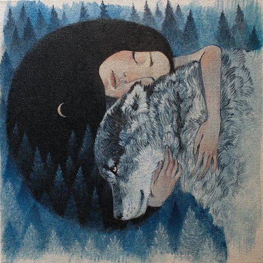 Wolf Mother greetings card by Lucy Campbell, a dark-haired woman cradling a wolf in the forest