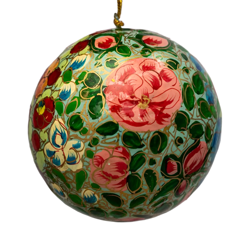 Green Floral Paper-Mache 2”Christmas Bauble Decoration