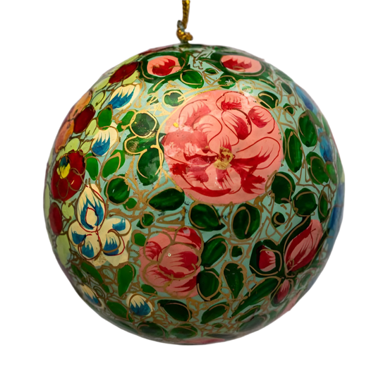Green Floral Paper-Mache 2”Christmas Bauble Decoration