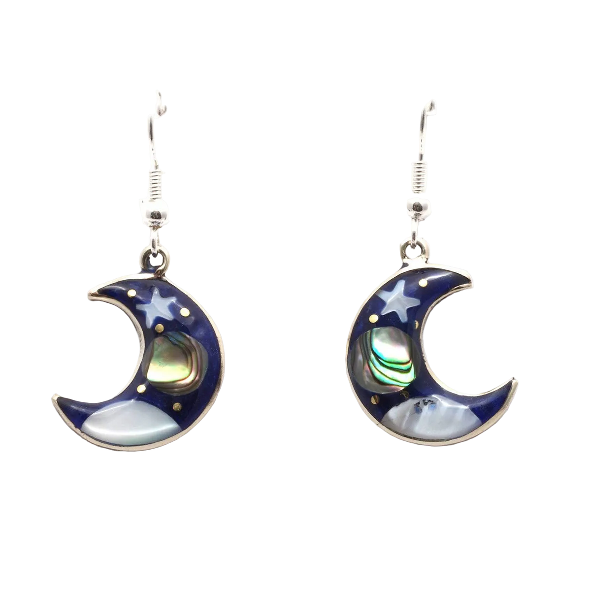 Stellar crescent moon earrings in black shell and abalone, handmade in Taxco