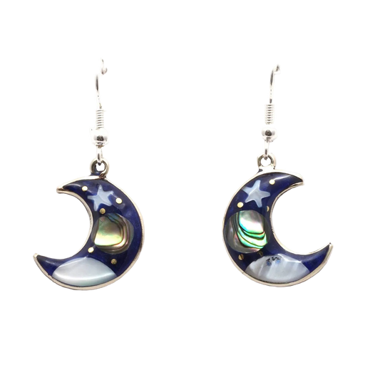 Stellar crescent moon earrings in black shell and abalone, handmade in Taxco