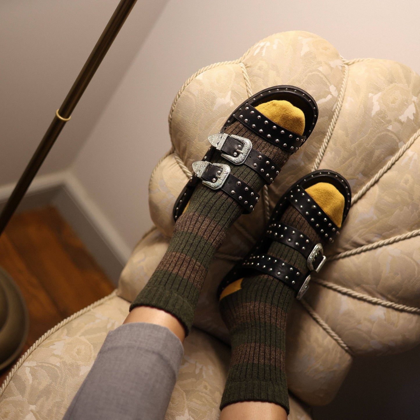 Merino Wool Stripe Socks - Khaki & Yellow