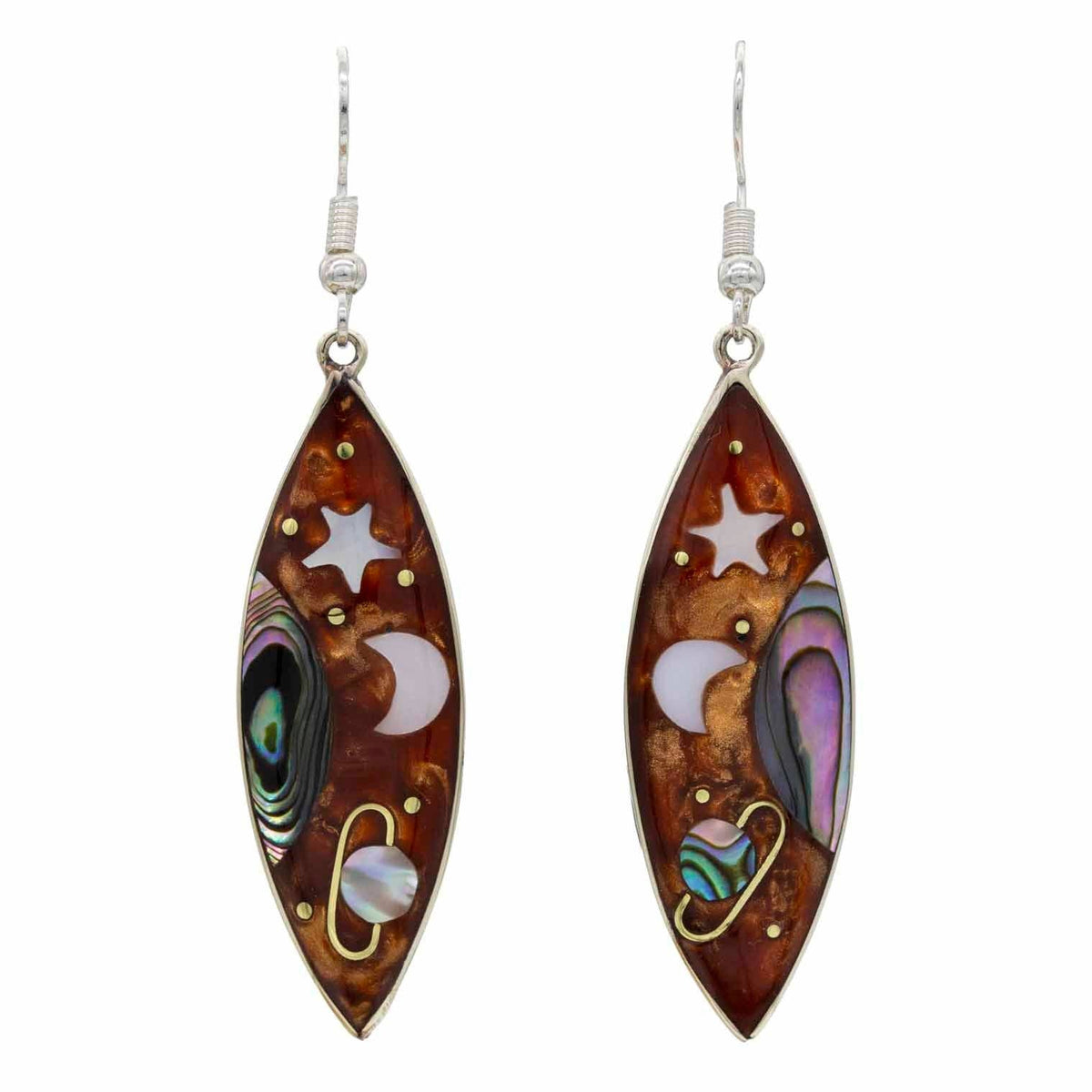 Saturno seed earrings hand-painted with stars, moons and Saturn on abalone