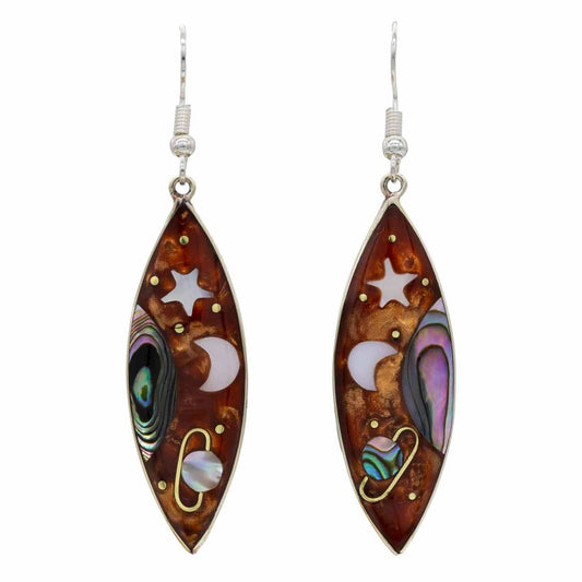 Saturno seed earrings hand-painted with stars, moons and Saturn on abalone