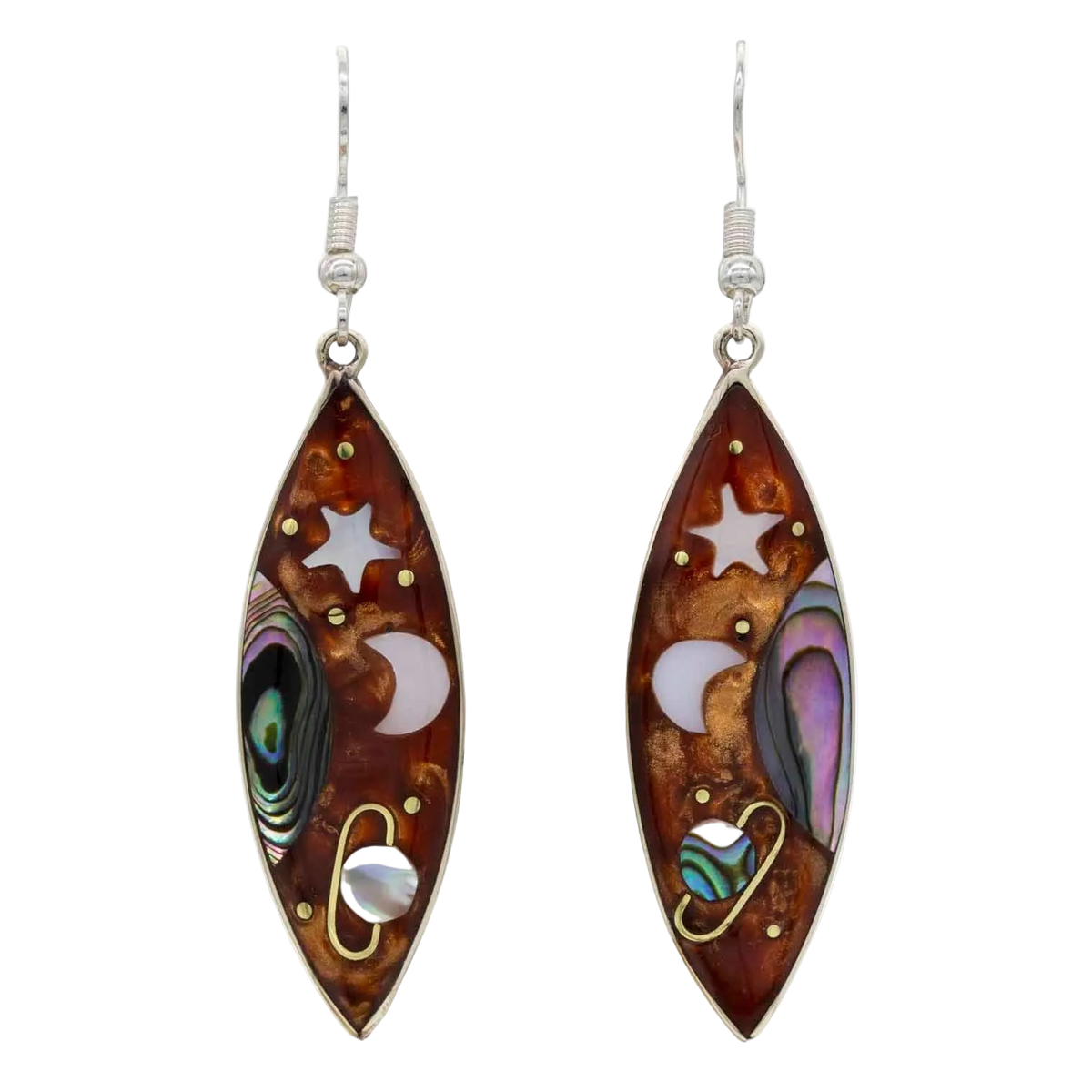 Saturno abalone drop earrings painted with stars, moons and Saturn