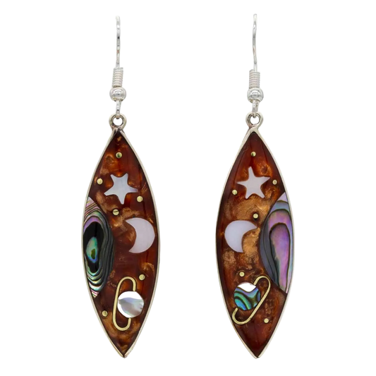 Saturno abalone drop earrings painted with stars, moons and Saturn