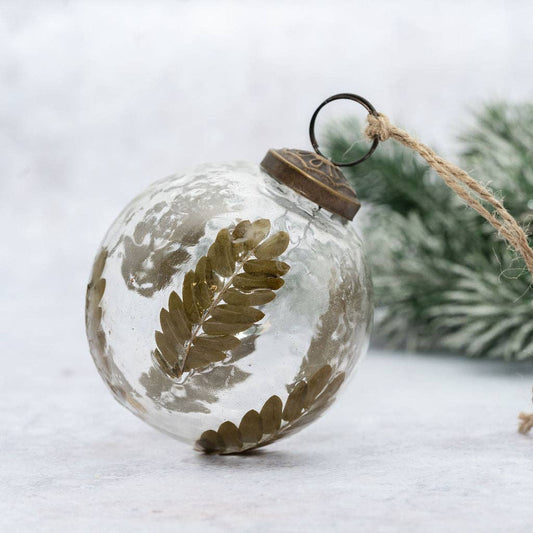 Leaf botanical clear glass bauble with dark stems and leaves, jute hanger