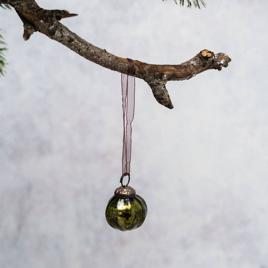 Olive ribbed crackle glass mini bauble with organza tie