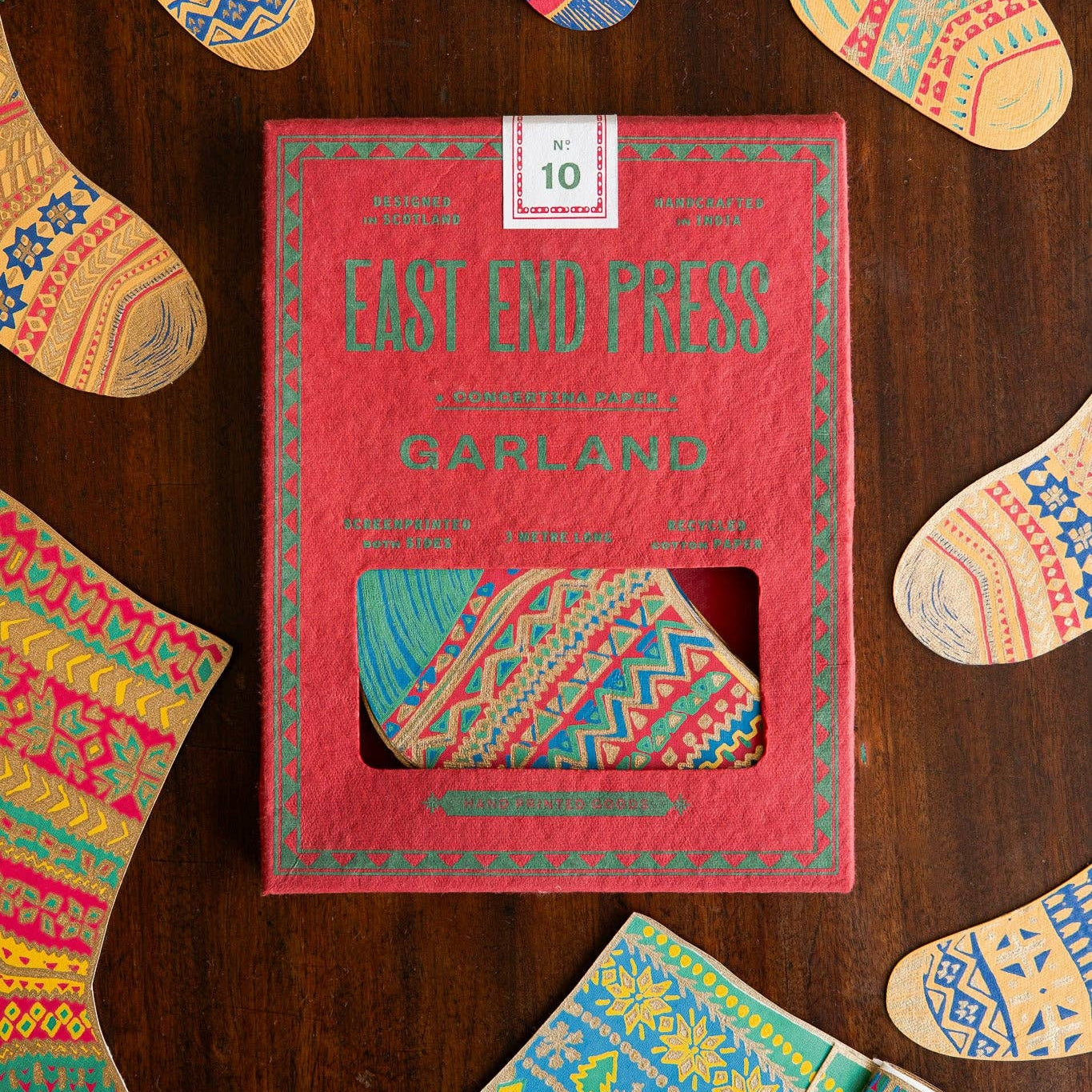 East end Press recycled paper garland in red paper packaging
