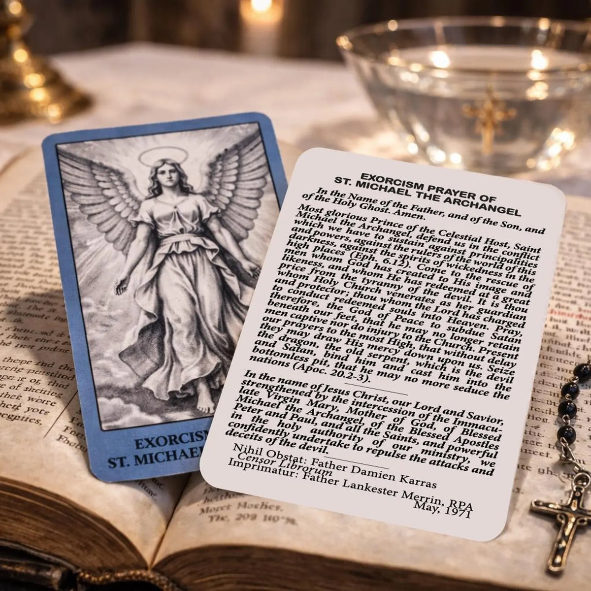 Book Ephemera Exorcist prayer card bookmark in an open book